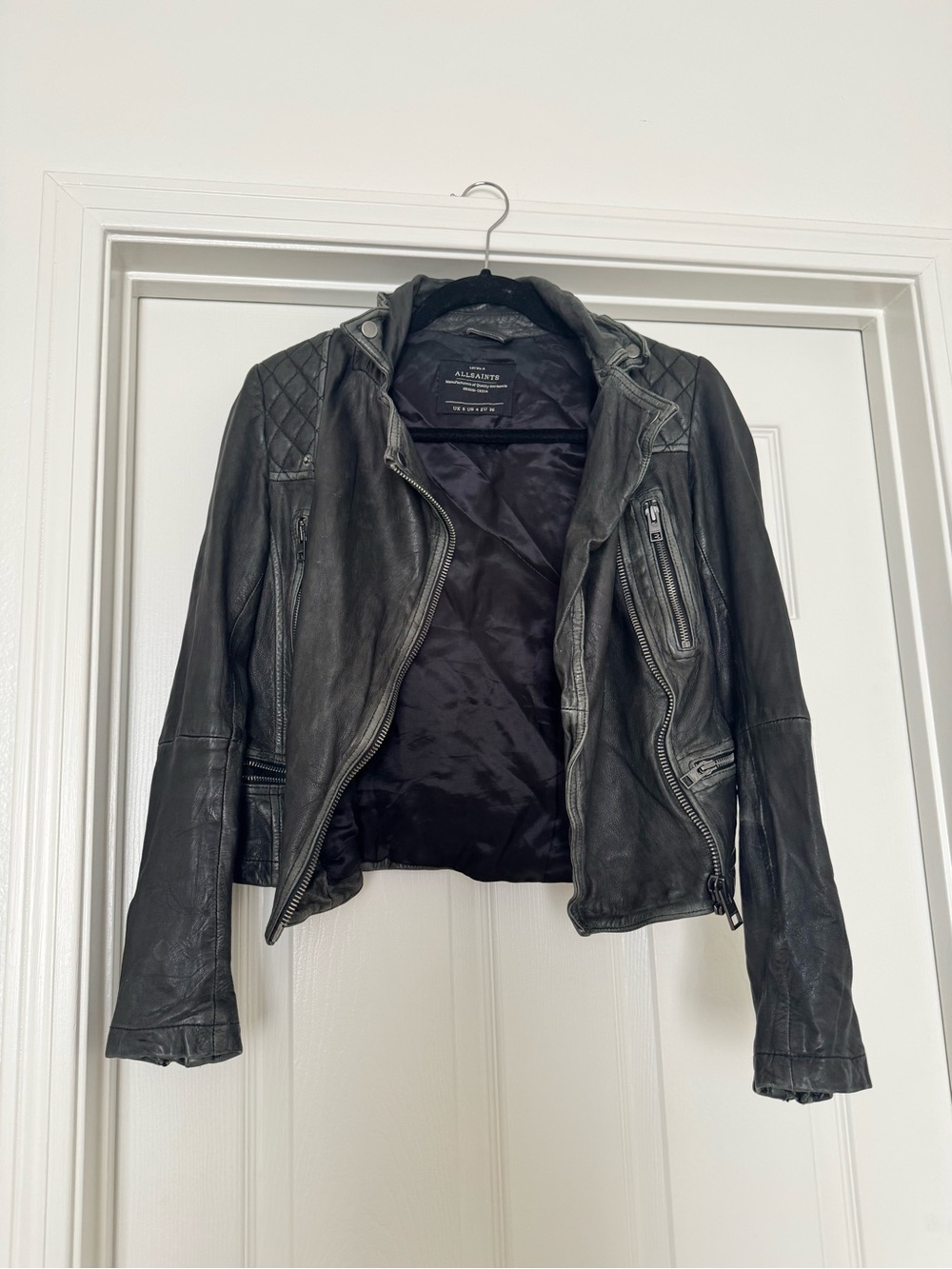 AllSaints Black Quilted Shoulder Leather Biker Jacket